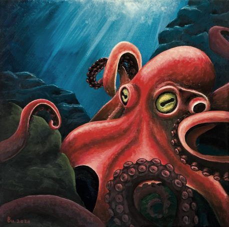 Ein roter Oktopus, umgeben von Unterwasserpflanzen und Lichtstrahlen.